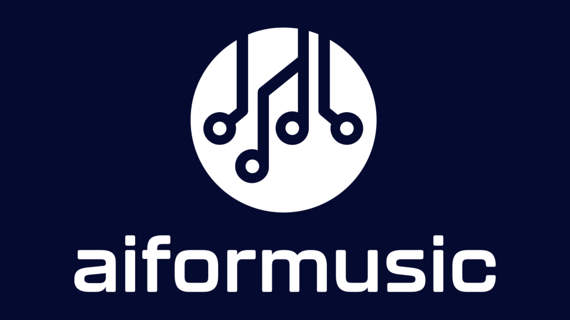 A white circle with circuit-like lines inside, resembling a stylized tree or circuit board, above the word aiformusic in bold, lowercase white letters on a dark blue background.