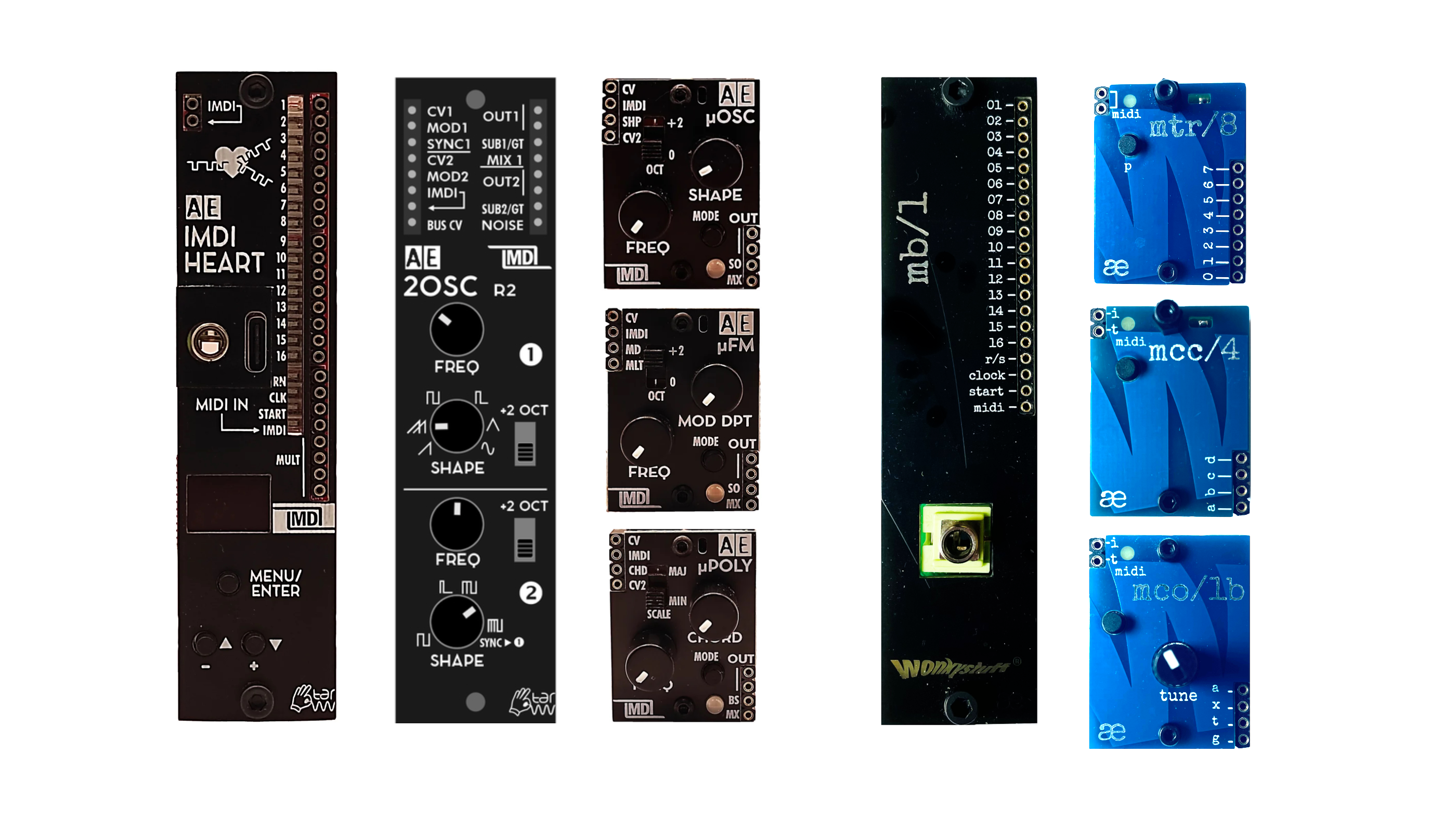 A row of five black modular synthesizer units with knobs and buttons on the left and four blue electronic modules with connectors and labels on the right, all arranged vertically against a white background.