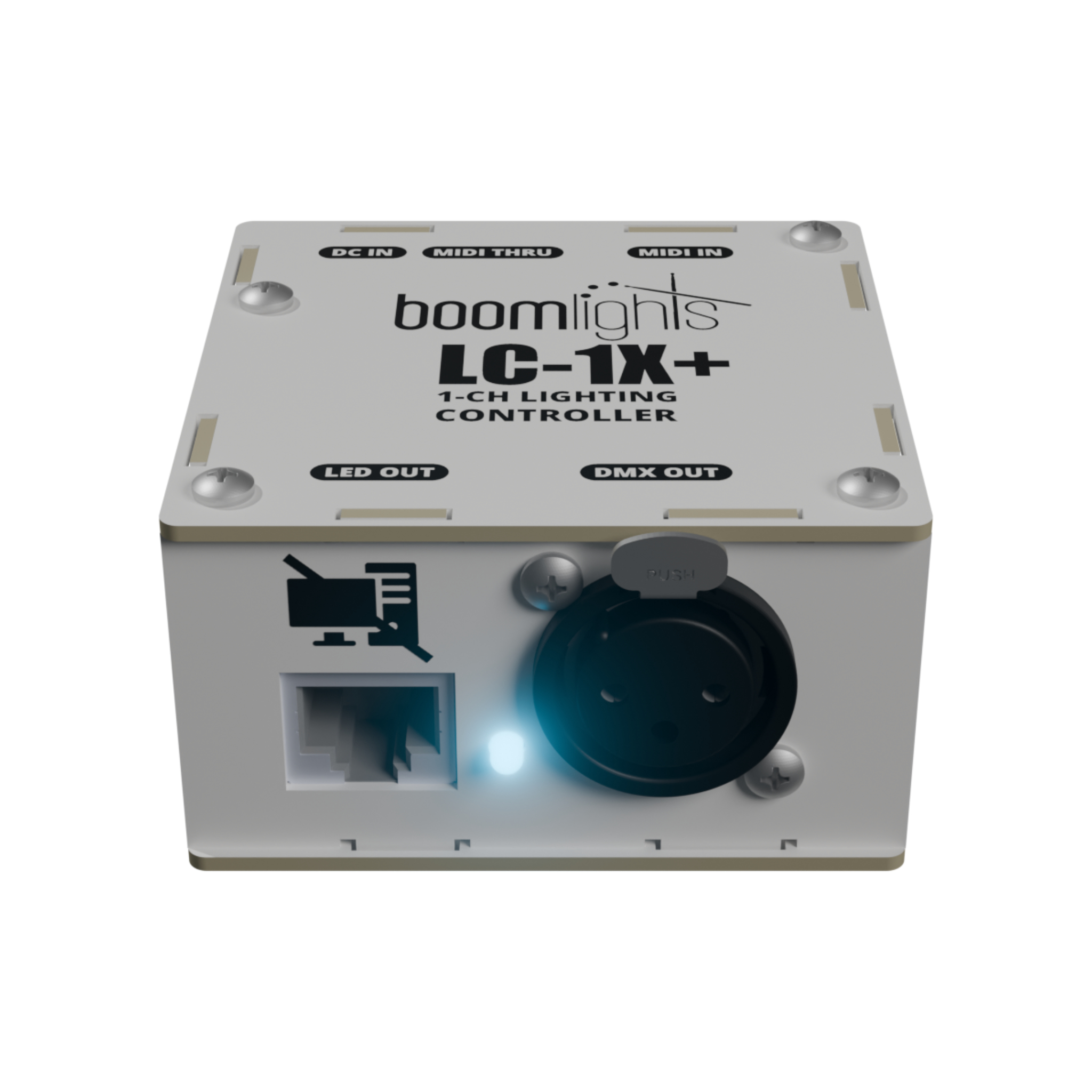 A boomlights LC-1X+ 1-channel lighting controller with labeled ports: DC IN, MIDI THRU, MIDI IN, LED OUT, and DMX OUT, featuring indicator lights and connection ports on the front panel.