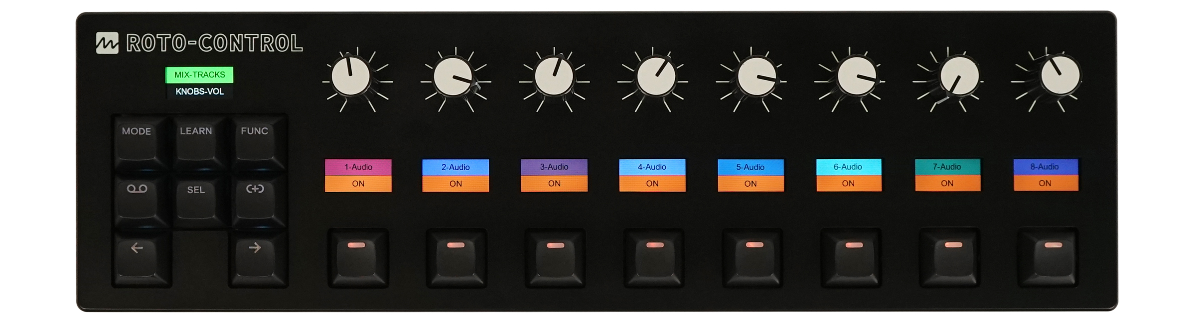 A black MIDI controller labeled ROTO-CONTROL featuring eight knobs, eight colored buttons labeled Audio channels with ON indicators, and eight rectangular buttons, plus a small display and control buttons on the left side.