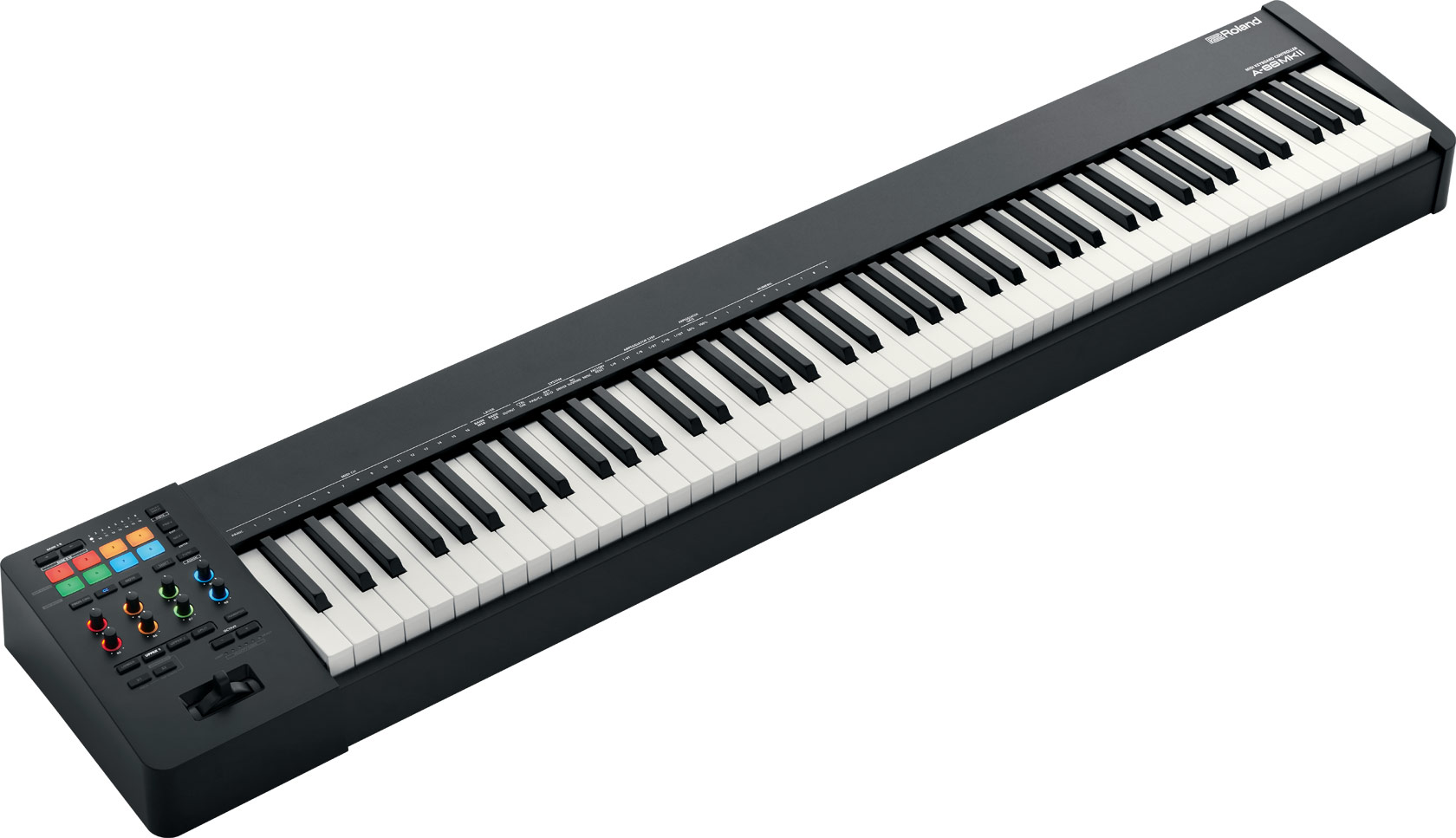 A black digital keyboard with 88 keys, featuring colorful control buttons and knobs on the left side, and a sleek, modern design.