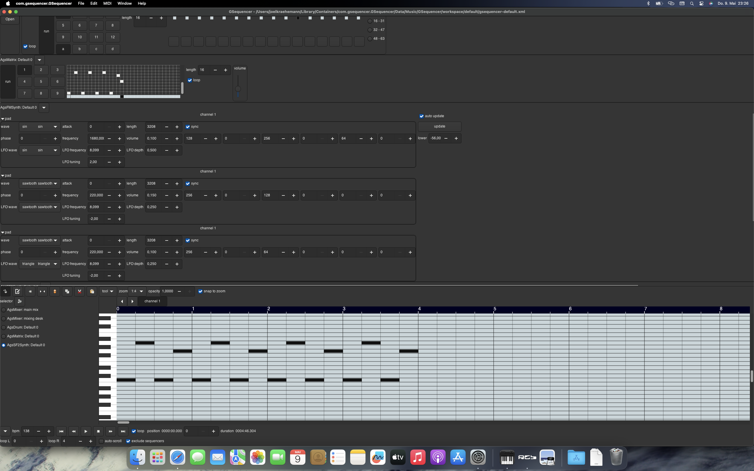 A computer screen displays a music production software interface with a dark theme. The interface shows multiple tracks, settings, and a piano roll editor with notes arranged in a grid. MacOS dock is visible at the bottom.