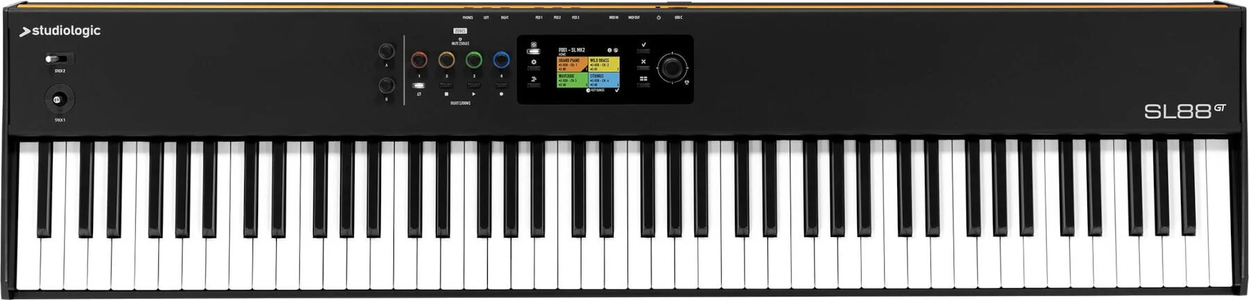 A black Studiologic SL88 Grand MIDI keyboard controller with 88 white and black keys, a central color display screen, various control buttons, and rotary knobs.