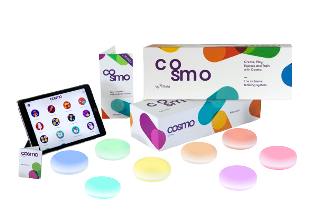 A tablet displaying a colorful app interface is surrounded by Cosmo product boxes, a booklet, cards, and eight glowing, pastel-colored round buttons on a white background.