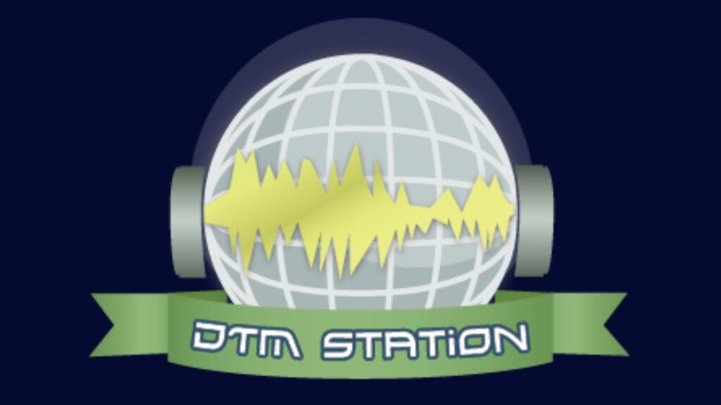 DTM Station Logo- a Globe wearing a pair of headphones