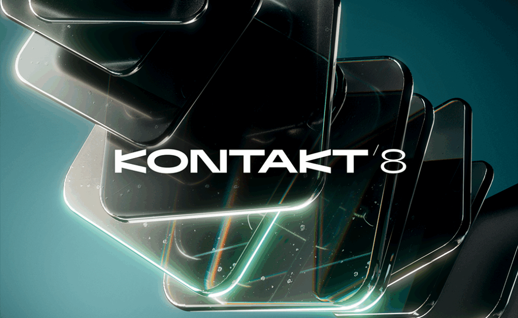 A stack of glossy, transparent rectangles with reflections and light streaks, set against a teal background. The text KONTAKT 8 appears in bold white lettering across the center.