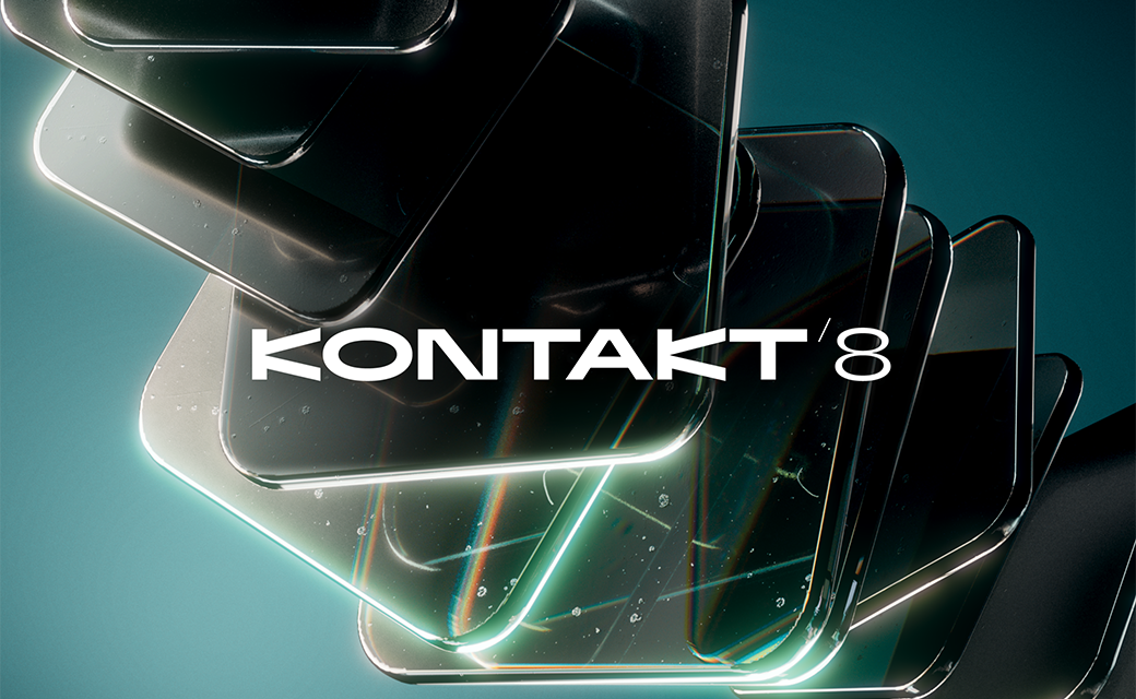 A stack of glossy, transparent rectangles with reflections and light streaks, set against a teal background. The text KONTAKT 8 appears in bold white lettering across the center.