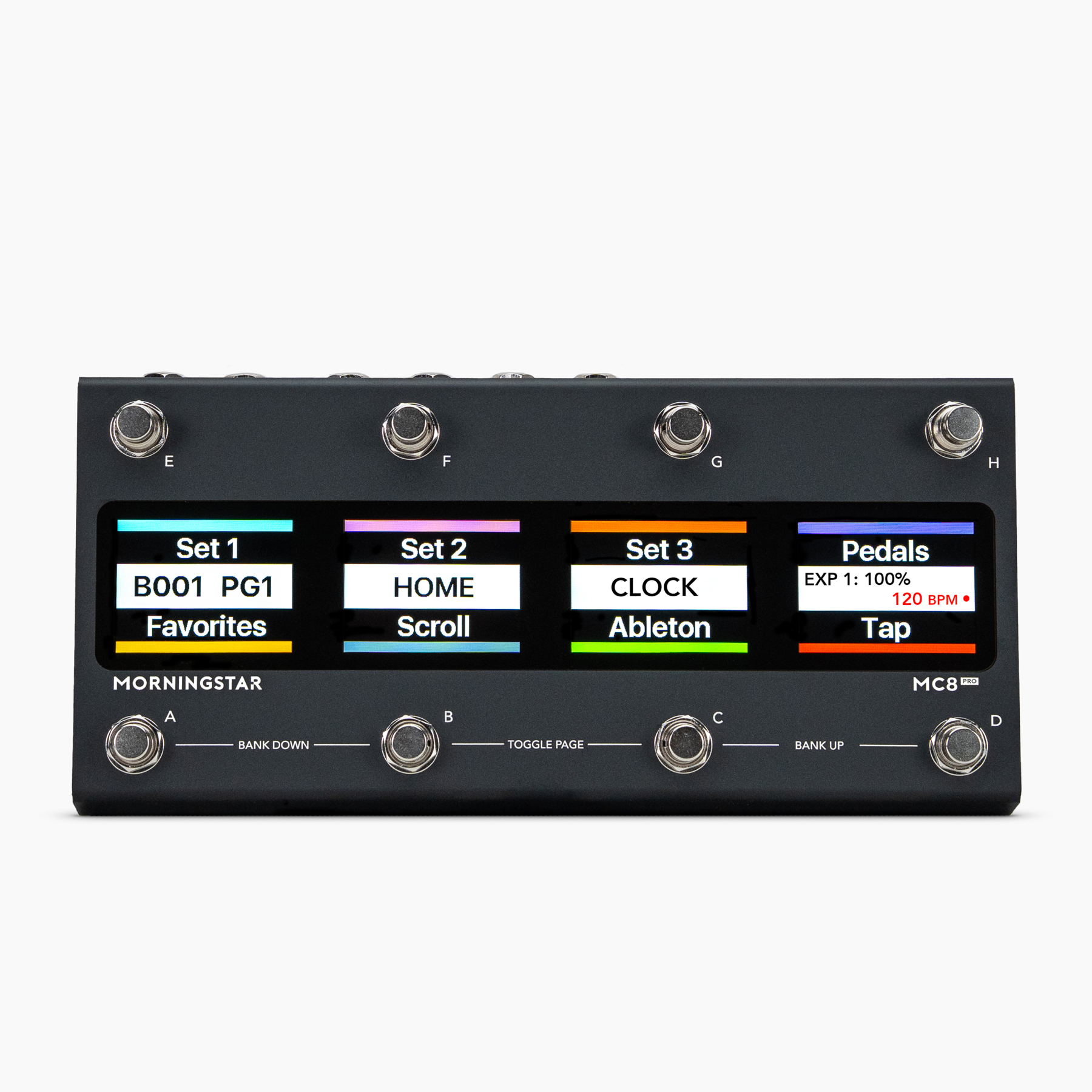 A black Morningstar MC8 MIDI controller with eight footswitches and a display screen showing various labeled settings, including sets for Favorites, Home, Clock, Ableton, Pedals, and Tap, on a white background.