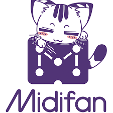 A cute cartoon cat with stripes, blushing cheeks, and closed eyes leans over a large, purple cube with white dots and lines. The word Midifan is written below in purple text.
