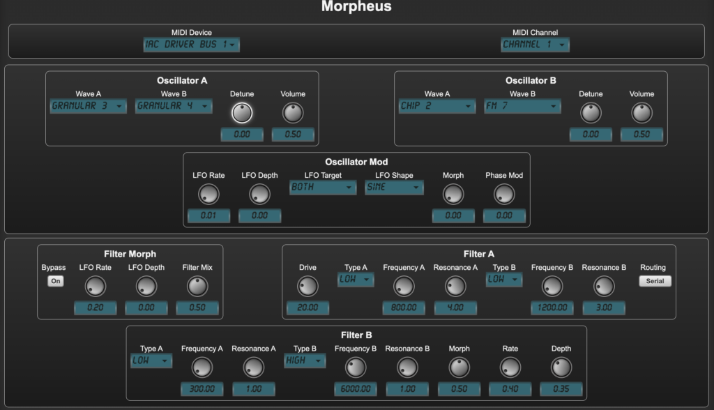 Screenshot of the Morpheus synth plugin interface showing controls for two oscillators, oscillator modulation, filter morphing, and filters A and B. Dials, dropdowns, and sliders adjust various synthesis parameters.