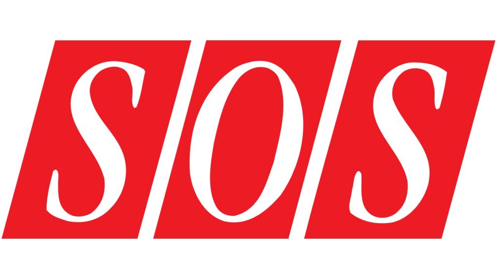 The image shows the letters SOS in white, each on a tilted red rectangle, with a bold, sans-serif font. The red background emphasizes the sense of urgency typically associated with SOS.