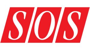 The image shows the letters SOS in white, each on a tilted red rectangle, with a bold, sans-serif font. The red background emphasizes the sense of urgency typically associated with SOS.
