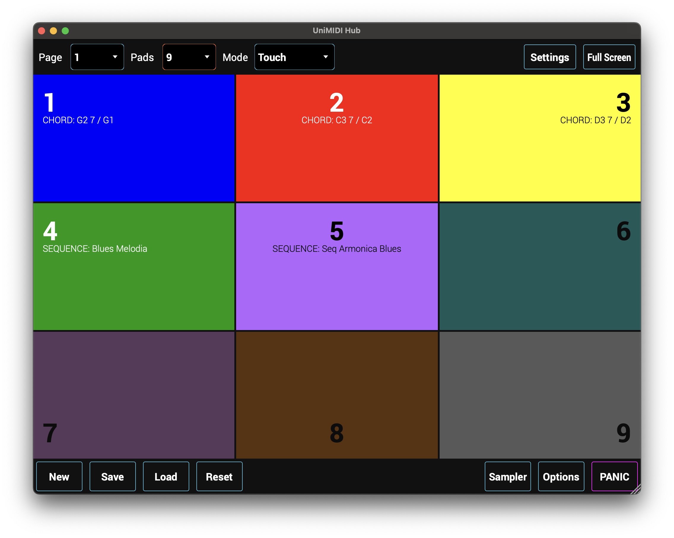 A 3x3 grid interface displays nine colored pads labeled with numbers and musical sequences or chords. There are control buttons below for New, Save, Load, Reset, Sampler, Options, and PANIC. Settings and Full Screen are at the top.
