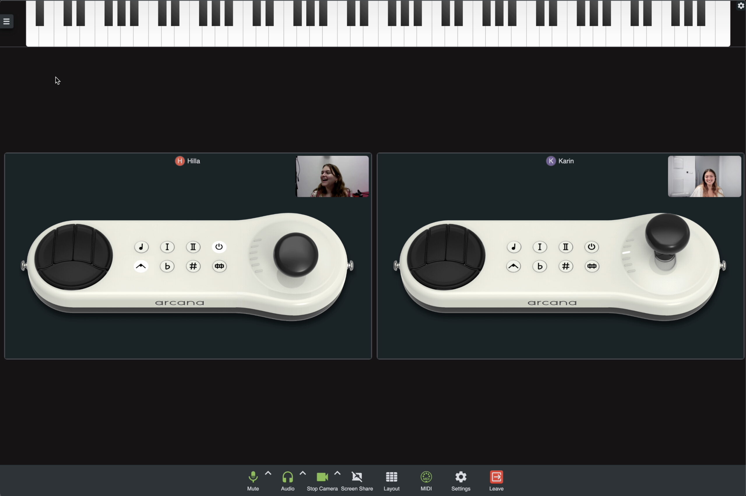 A video call screen shows two people with images of two identical white arcana controllers below them. A virtual piano keyboard spans the top of the screen, and call control icons are visible at the bottom.