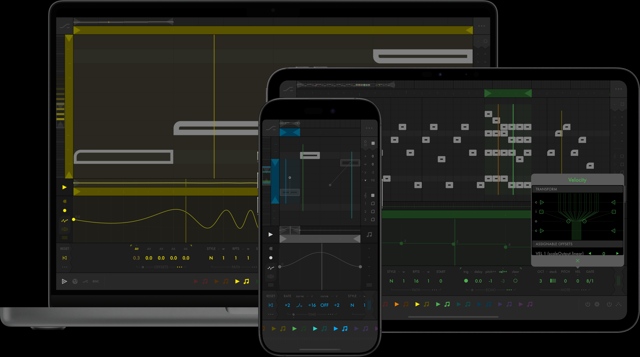 A laptop, tablet, and smartphone display digital audio workstation interfaces with music tracks, waveforms, and controls, showing music production software running on multiple devices.