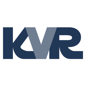 A logo with the bold, uppercase letters KVR in dark blue, with the V in a lighter blue shade, overlapping and blending into the other letters. The design is simple and modern on a transparent background.