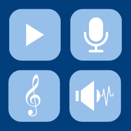 A grid of four blue squares with icons: a play button, a microphone, a musical note, and a speaker with sound waves, all on a dark blue background.