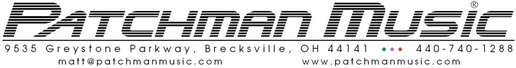 Logo for Patchman Music with stylized text and contact details: address at 9535 Greystone Parkway, Brecksville, OH 44141, phone number 440-740-1288, email matt@patchmanmusic.com, and website www.patchmanmusic.com.