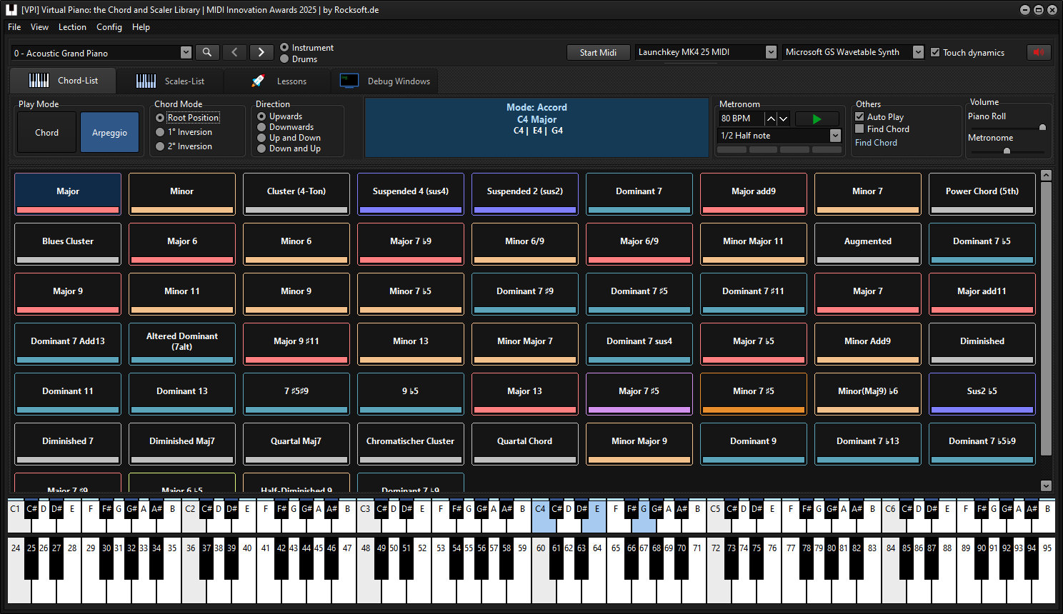 Screenshot of a piano chord and scale library software showing various chord options above a virtual piano keyboard, with chord names displayed in colored boxes and keys highlighted on the keyboard.