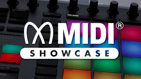 A colorful MIDI controller with various lit pads and knobs is shown in the background, with the words MIDI SHOWCASE prominently displayed in bold white text over the image.