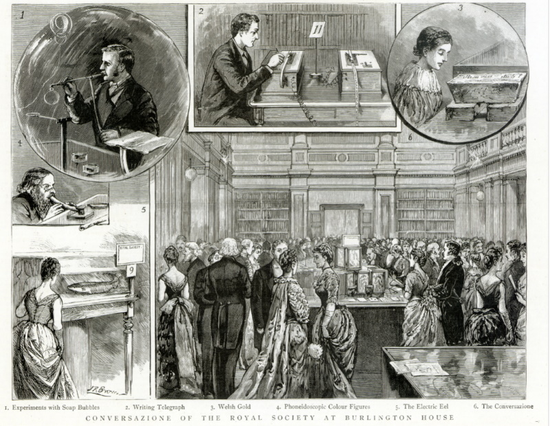 Victorian-era illustration showing scientific demonstrations, including telegraphs, experiments, and people observing in a grand hall at the Royal Society. Figures in period clothing gather around various exhibits.