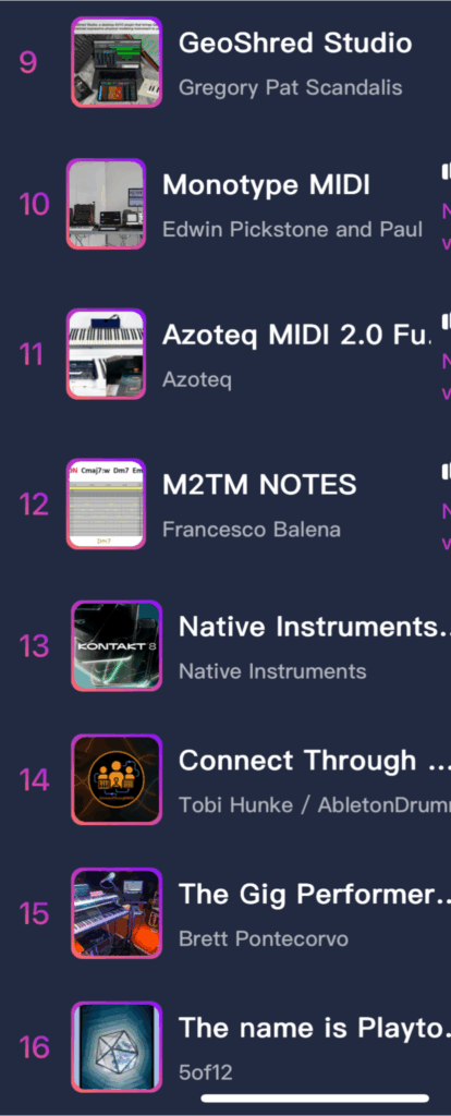 A ranked playlist showing music apps 9 to 16, including GeoShred Studio, Montotype MIDI, Azoteq MIDI 2.0, M2TM NOTES, Native Instruments, Connect Through, The Gig Performer, and The name is Playto.