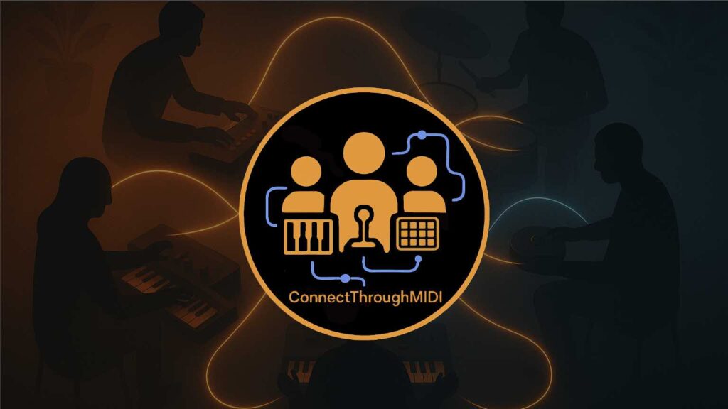 A circular logo with musical instrument icons and people, labeled ConnectThroughMIDI, is centered over a dark background with silhouettes of musicians playing keyboards, guitar, and drums, connected by glowing lines.