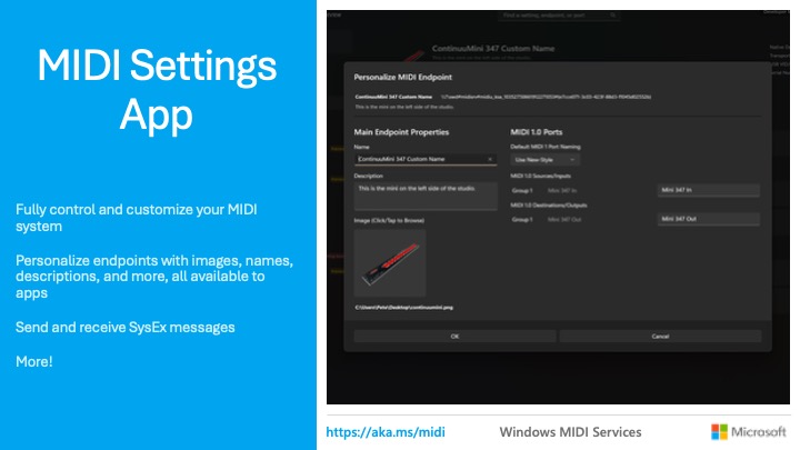 Slide titled MIDI Settings App with features listed, including customizing your MIDI system, personalizing endpoints, and sending SysEx messages; screenshot of the app interface is shown on the right.