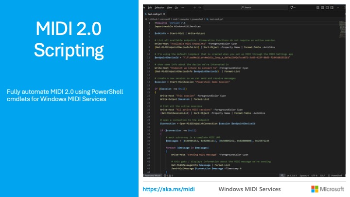 A presentation slide titled MIDI 2.0 Scripting shows a code editor with PowerShell code for automating MIDI 2.0 using Windows MIDI Services. The slide includes a Microsoft logo and a link: https://aka.ms/midi.