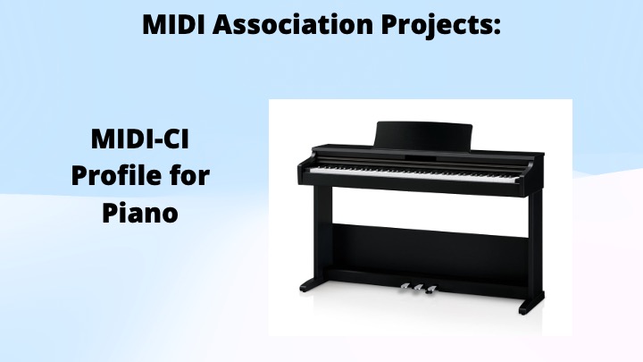 Slide with the title MIDI Association Projects: MIDI-CI Profile for Piano on the left and an image of a black digital piano with three pedals on the right.