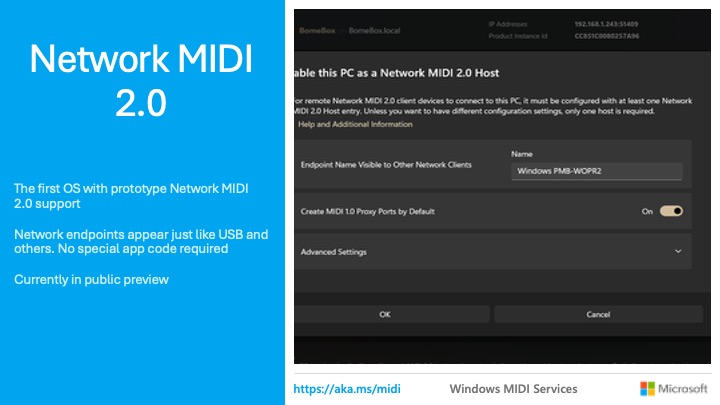 A presentation slide about Network MIDI 2.0, highlighting prototype support as the first OS with this feature. It shows a screenshot of a configuration window and notes that it is in public preview. Windows and Microsoft logos are visible.