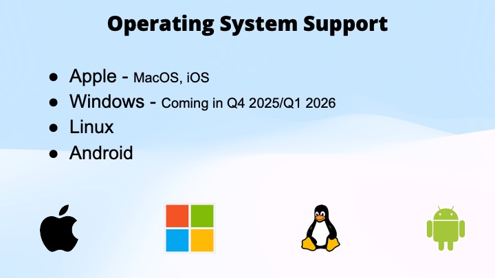 A slide titled Operating System Support lists Apple (MacOS, iOS), Windows (Coming in Q4 2025/Q1 2026), Linux, and Android, with their respective logos at the bottom.