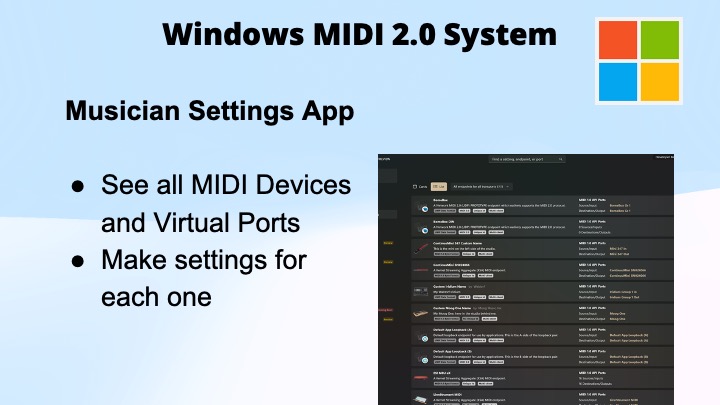 Slide titled Windows MIDI 2.0 System with Microsoft logo. Text: Musician Settings App: See all MIDI Devices and Virtual Ports. Make settings for each one. Screenshot of a settings interface is shown on the right.