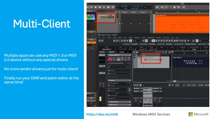 Screenshot showing two music production apps open side by side, each using MIDI, demonstrating Windows MIDI Services multi-client support. Text explains apps can share MIDI devices without special drivers. Microsoft and Windows logos shown.