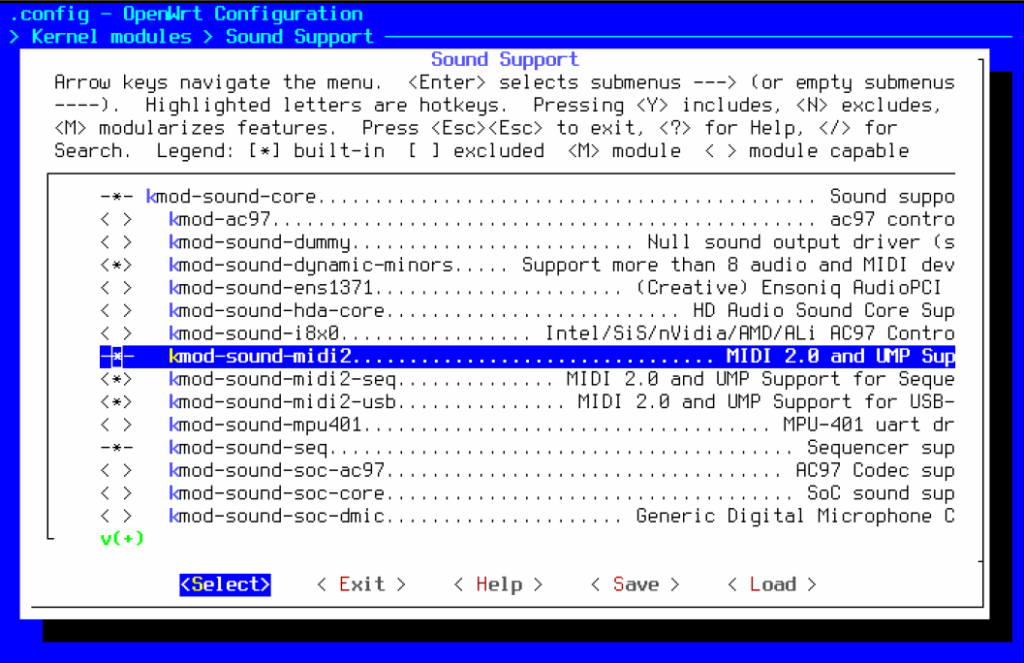 A computer screen showing a kernel configuration menu for sound support, with the option kmod-sound-midi2 highlighted. Various sound modules are listed with descriptions and selection statuses.