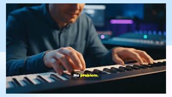 A person playing an electronic keyboard in a dimly lit room, with the words No problem. in yellow subtitles on the screen. The background features blurred equipment and colorful lights.