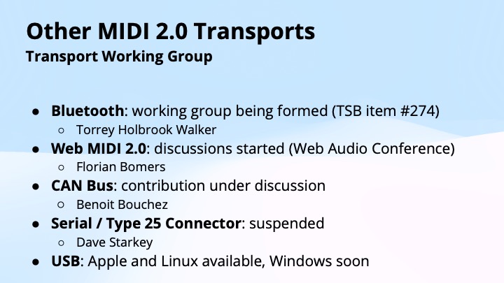 Slide titled Other MIDI 2.0 Transports lists updates for Bluetooth, Web MIDI 2.0, CAN Bus, Serial/Type 25 Connector, and USB, alongside names of contributors and status updates for each transport type.