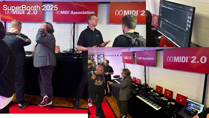 People interact at a MIDI Association booth at SuperBooth 2025, featuring synthesizers, keyboards, and a computer with MIDI 2.0 software, surrounded by red banners and demonstration equipment.