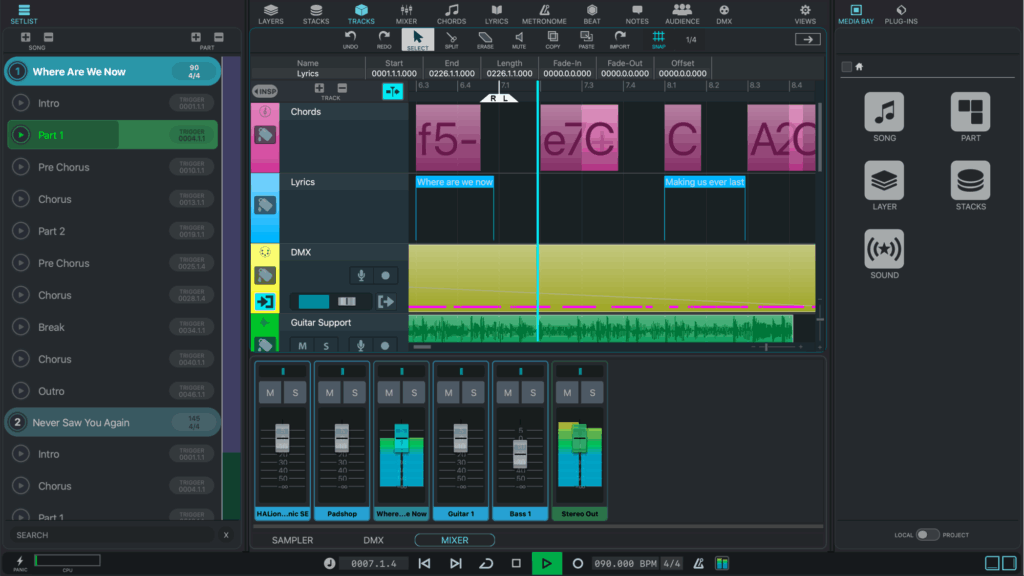 Digital audio workstation interface in dark mode showing multiple tracks, chord labels, and mixer controls; sections labeled Pre Chorus, Chorus, and Part B are visible in the project timeline.