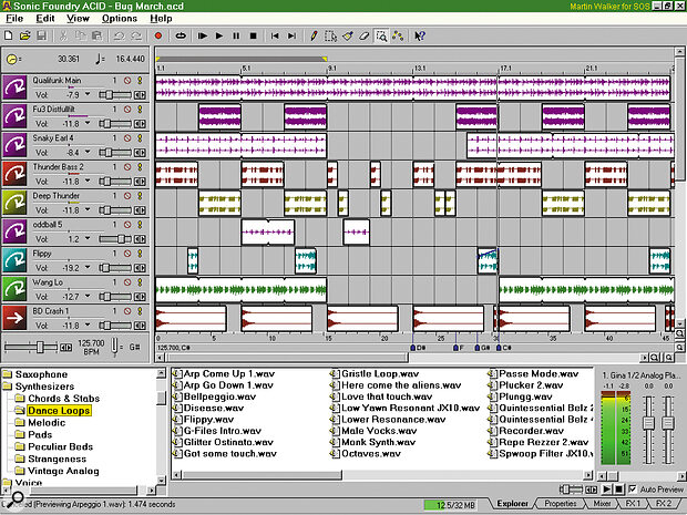 Screenshot of Sonic Foundry ACID, a digital audio workstation, showing multiple audio tracks, waveforms, and loops arranged in a complex music project. Various audio files and instrument labels are visible on the interface.