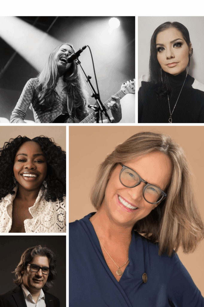 A collage of five people: a woman singing and playing guitar on stage, a woman with straight dark hair in a black top, a smiling woman with curly hair in white, a smiling woman with glasses in blue, and a man with glasses in a suit.