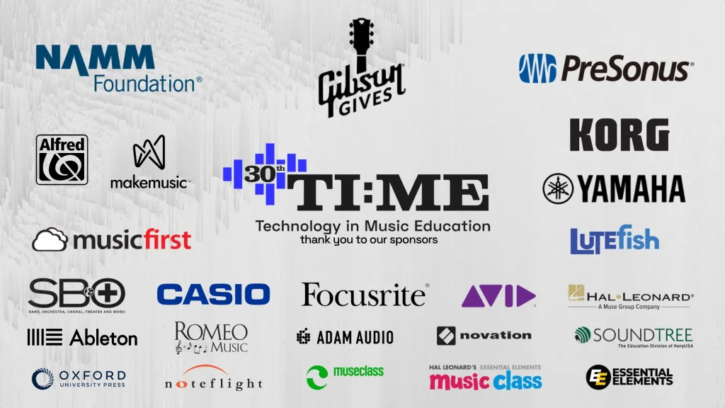 A collage of logos for various music and audio companies sponsors, including NAMM Foundation, Gibson Gives, Korg, Yamaha, Casio, Ableton, PreSonus, and more, under the “Technology in Music Education” banner.