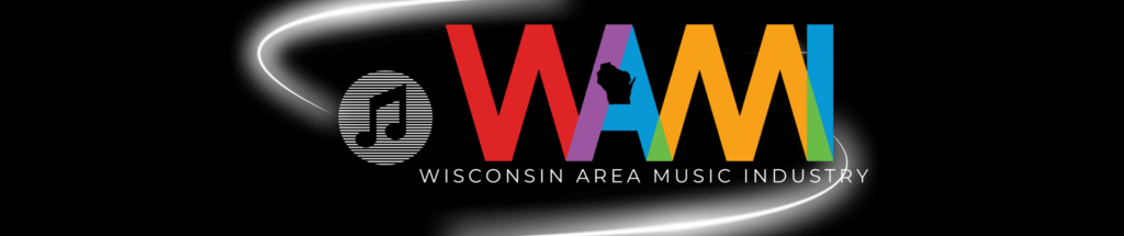 Logo for Wisconsin Area Music Industry (WAMI) featuring bold, colorful letters WAMI, the silhouette of Wisconsin, a circular music note icon, and a white glowing line on a black background.