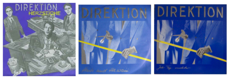 Three album covers from the band Direktions. The first shows people in suits at a table, the second and third feature blue-toned suits with yellow accents and gold text, each with a minimalist design.