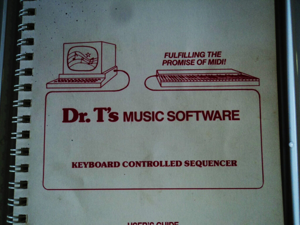 Cover of a user’s guide for Dr. T’s Music Software. It features red line drawings of a computer and a keyboard, with the slogan “Fulfilling the promise of MIDI!” and the subtitle “Keyboard Controlled Sequencer.”.