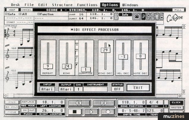 A vintage computer screen displays music composition software with a MIDI effect processor window, featuring echo and repeat sliders, and music notation in the background. Cubase is visible in the top right corner.