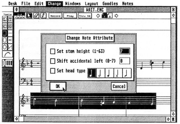 A black-and-white computer screen shows music notation software with a dialog box titled Change Note Attribute offering options to set stem height, shift accidental, and set head type, above sheet music.
