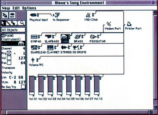 A vintage computer screen displays a music composition program interface with icons for instruments, MIDI connections, and volume sliders labeled Vol 01 to Vol 10. The menu bar at the top reads Alenas Song Environment.