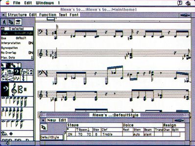 A computer screen displays a vintage music notation software with a musical score, editing tools, and various settings panels. The interface has a classic Windows look with toolbar icons and dropdown menus.