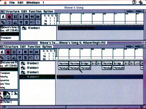 Screenshot of Notator Logic software on a classic Macintosh system, showing two open windows with track arrangements, labeled folders, and sections named Melody, Bridge, and MainTheme.